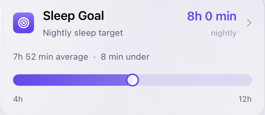 Sleep Goal card showing target and recent average