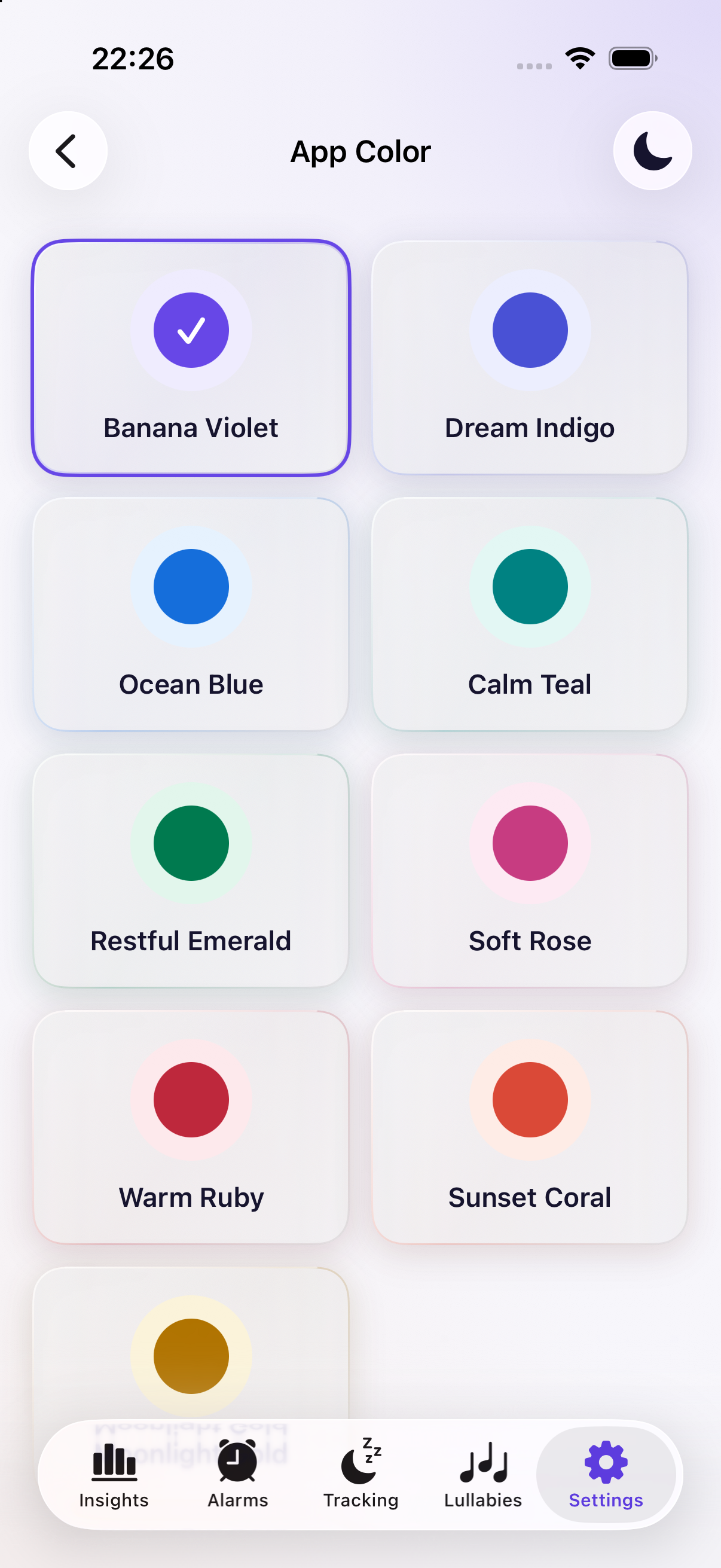 App color picker showing the available colors in Sleepy Banana