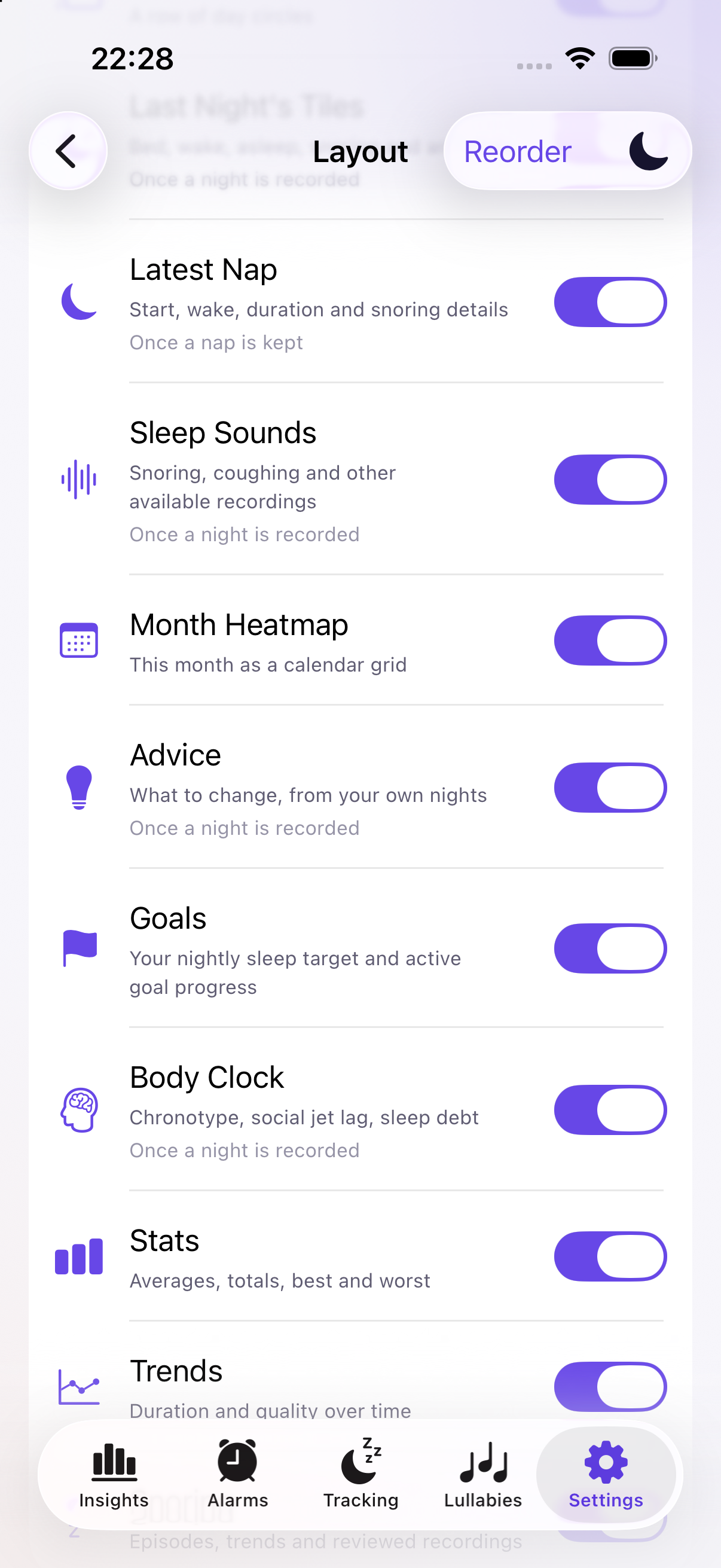 Dashboard visibility switches in Sleepy Banana Settings