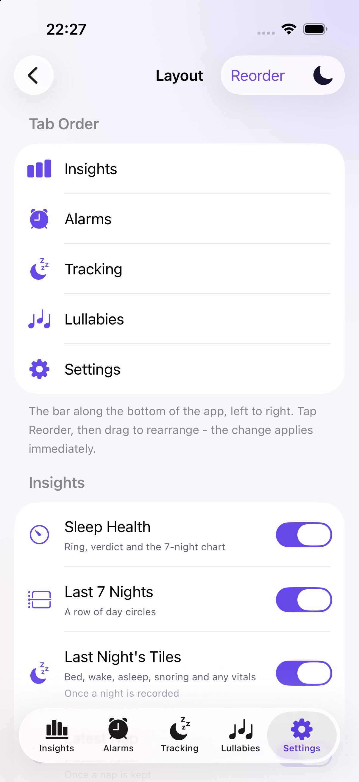 Tab order controls in Sleepy Banana Settings